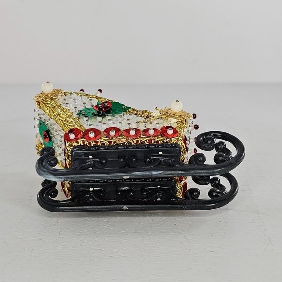 Vintage Push Pin Sled Sleigh Handmade Christmas Decor Holly Red White - Picture 6 of 7